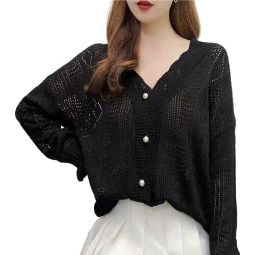 Autumn Cardigan Sweater Hollow Out V Neck Jacket Winter Knitted Solid Color Long Sleeve Coat Top Single-breasted Sweater