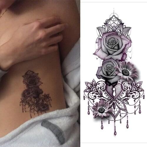 Purple Rose Water Transfer Tattoo Stickers Women Body Chest Art Temporary Tattoo Girl Waist Neck Chest Waterproof Tattoo Flowe