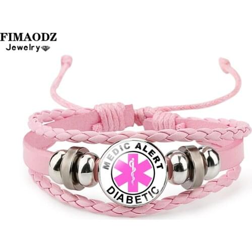 FIMAODZ Type 1 2 Diabetes Emergency Medical Alert Bracelet Diabetic Health Care Glass Gem Woven Bracelets Wristband Nurse Gift