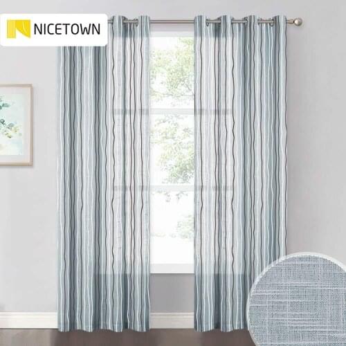 NICETOWN Striped Line Semi Sheer Linen Texture Fabric Print Curtains for Living Room Home Office Window Decor Bedroom Cortinas