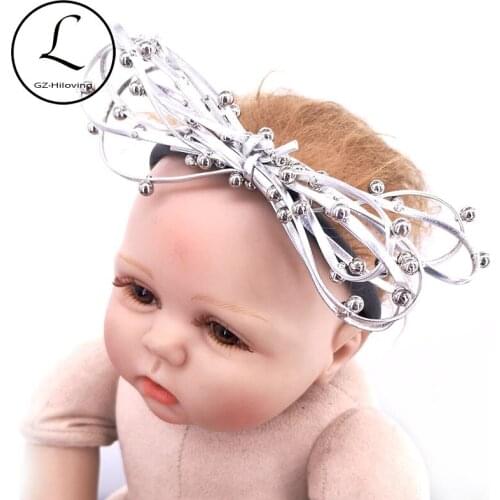 Newborn Baby Boys Girls Pu Leather Bow Headbands Infant Toddler Kids Hair Accessories Boho Nylon Elastic Gold Bow Hair bands