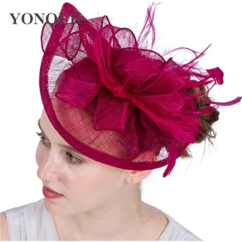 Millinery Magenta Sinamay Fascinator With Feather Lady Derby Occasion Church Hats Bridal Wedding Headpieces NEW ARRIVAL
