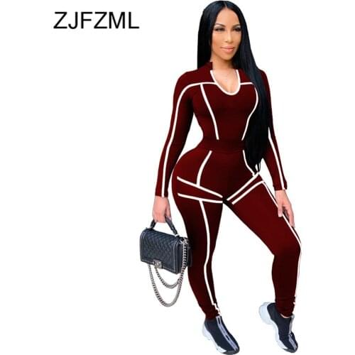 Activewear White Striped Spliced Two Piece Tracksuit Womens Set Low Neck Long Sleeve Top and Bodycon Stretchy Pant Co-ord Sets