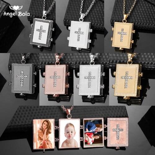Trendy Jewelry 7 Colors Expanding Memory Photo Locket Pendants for Women Men Gifts Jesus Cross Locket Scripture Necklace