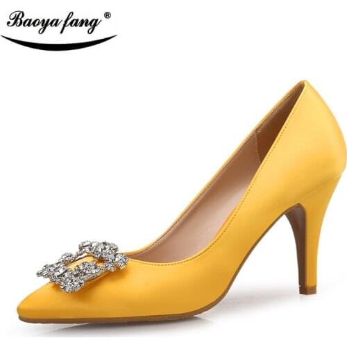 BaoYaFang New Gold thin heel Womens wedding shoes Bridal fashion Pumps ladies office shoes pointed toe female 7cm high shoes