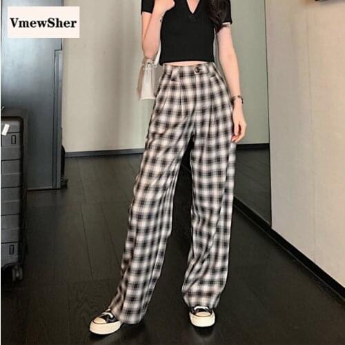 VmewSher New Spring Summer Women Pants Long Black Plaid Wide Leg Loose Female Pants Fashion Elegant Casual Trouser Streetwear