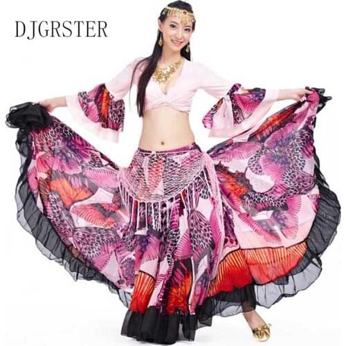 DJGRSTER Belly Dancing Clothing Oriental 1-2PCS Suit Bra&Long Skirt Chiffon Belly Dance Costume Set Performance Red and Pink