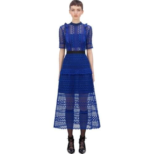 YiLin Kay 2020 High-end Custom Self Portrait Dress Women Blue Lace Patchwork Ruffles Party Dress Sexy Hollow Out Dresses
