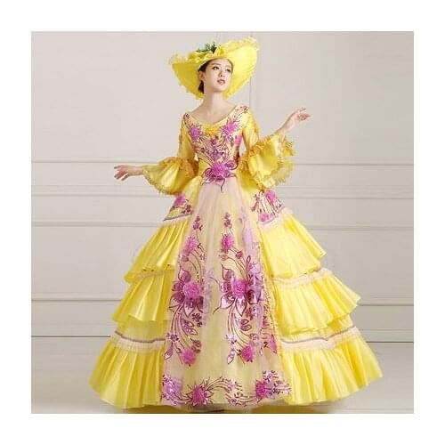 Yellow/pink ruffled vintage baroque ball gown Renaissance Gown queen Victorian/Marie Antoinette Belle