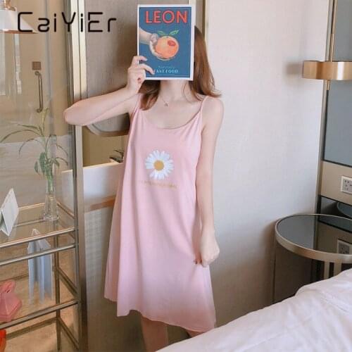 CAIYIER Sexy Sleeveless Condole Belt Nightdress Cartoon Pink Daisy Print Women Nightgown Summer Sling Leisure Lingerie Sleepwear