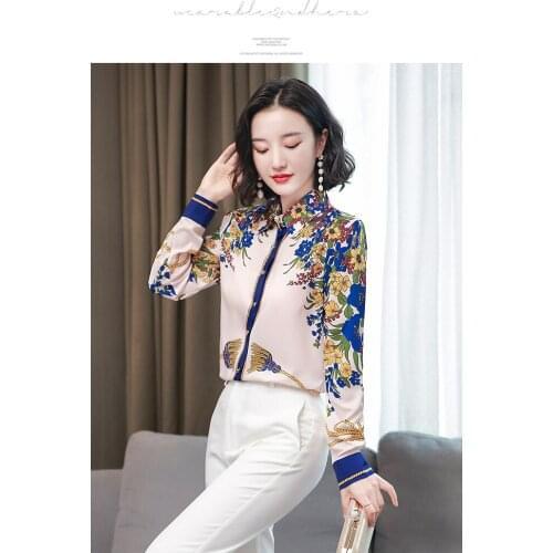 Silk shirt womens autumn 2020 new design sense foreign style printing temperament fashion slim silk shirt