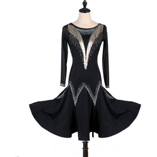Professional Rhinestone Tassel Latin Dance Dress Woman Sexy Long Sleeve Girls Ballroom Dance Stage Performance Dance Wear DL4552