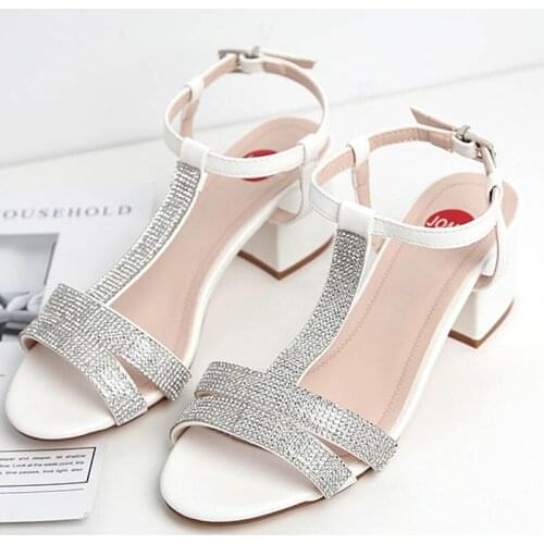 1PR Women Square High Heeled Sandal Bling Ladies Dress Dance Outside Slippers Office Buckel Women Shoe