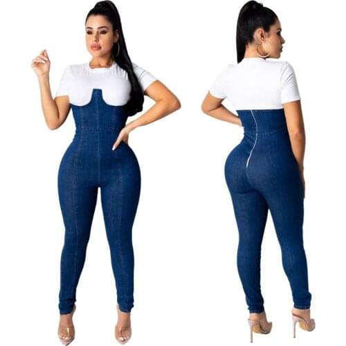 Women Bodycon Jumpsuit Fashion O Neck Short Sleeve High Waist Patchwork Jeans Jumpsuit Women Sexy Back Zipper Push Up Bodysuit