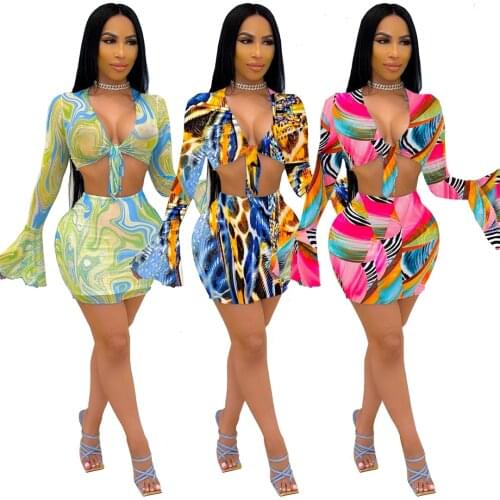 Mesh Casual Two Piece Set Flare Sleeve Knoted Bow Up Top Short Skirt Autumn Tracksuit Women Set High Stretch 2 Piece Set Women