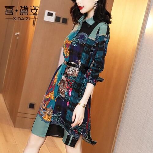 Silk dress women New s temperament waist long sleeve retro printed plaid shirt