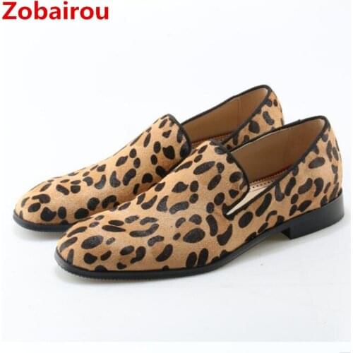 Zobairou Leopard leather loafers zapatos hombre slip on velevt slippers flats formal shoes men plus size oxford shoe lasts