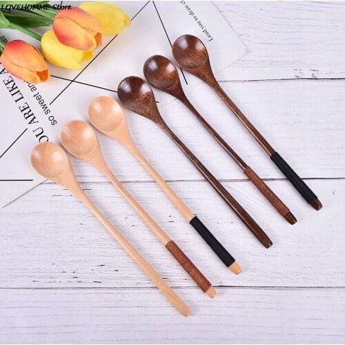 1pc Long Spoons Wooden Korean Style 100% Natural Wood Long Handle Round Spoons For Soup Cooking Mixing Stirr