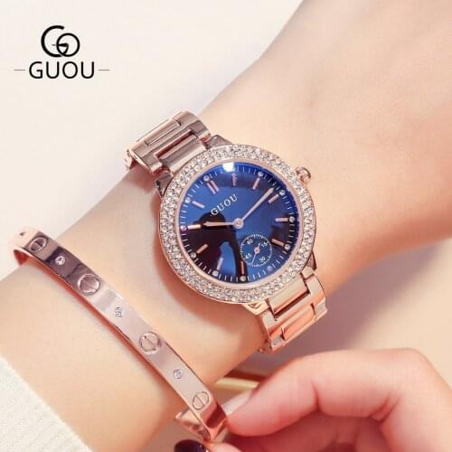 2021Top Brand Women Stainless Steel Rhinestone Watch Rose Gold Bracelet Quartz Waterproof Lady Business Analog Watches Blue Dial