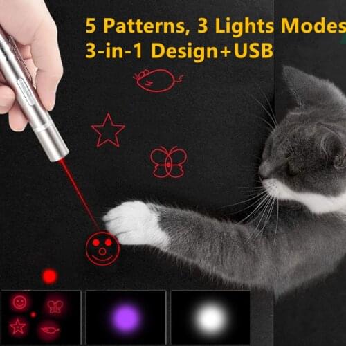 Pet Toy USB Rechargeable 3 In 1 Funny Cat Chaser Stick Mini Flashlight Red LED Laser Pointer Funny Cat Pen Pet Supplies