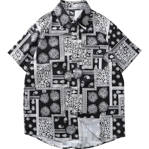 Oversize Bandana Button Up Shirt Full Printed Unisex Summer Blouse Short Sleeve Turn-Down Collar Black Shirt Tops Loose
