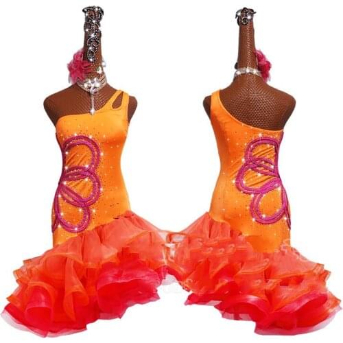 Shiny Rhinestone Latin Dance Dress Women High-end Orange Lace Stage Latin Dance Skirt Sexy Ballroom Dancing Fishbone Skirts