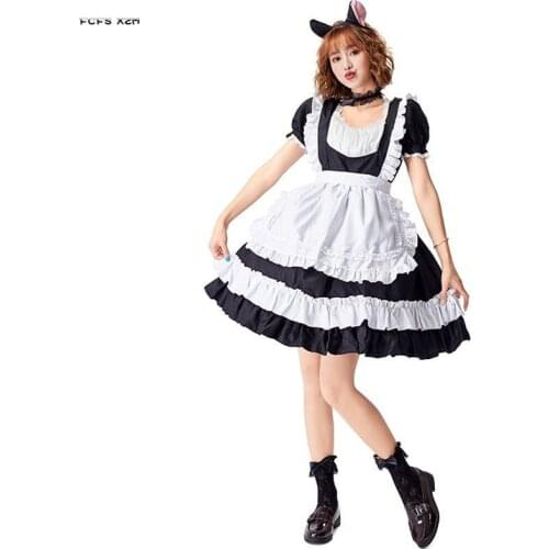 Black And White Women Halloween Maid Costumes Female Kitty Cat Cosplay Carnival Purim Parade Nightclub Bar Role Play Party Dress