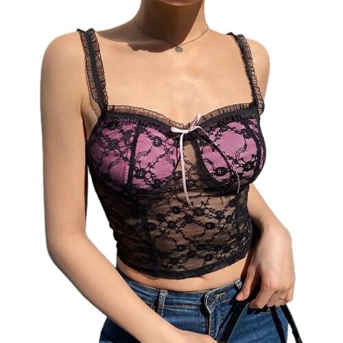 Black Lace Goth Aesthetic Crop Tops Women Pink V Neck Bow Cute Kawaii Clothing Dark Academic Vintage E Girl Camisole