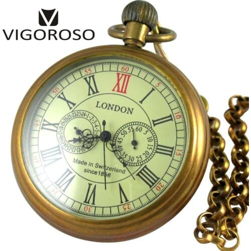 VIGOROSO Collectible Antique Old Copper Mechanical Pocket Watch FOB Chain Hand Winding Roman numerals 12/24 Hours Vintage Clock