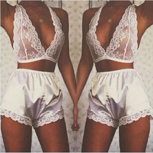 Vest Shorts Two Piece Set Sexy Sleepwear Lace Halter LINGERIE Pajamas Sexy Lingerie Hot Erotic Night Dress