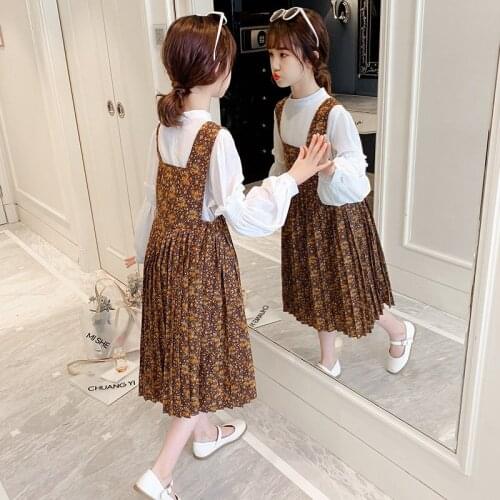 2021 Girls Clothing Set Suspender Floral Pleated Dress+White Top 2PCS Spring Fall Fashion Puff Sleeve Children Princess Clothes