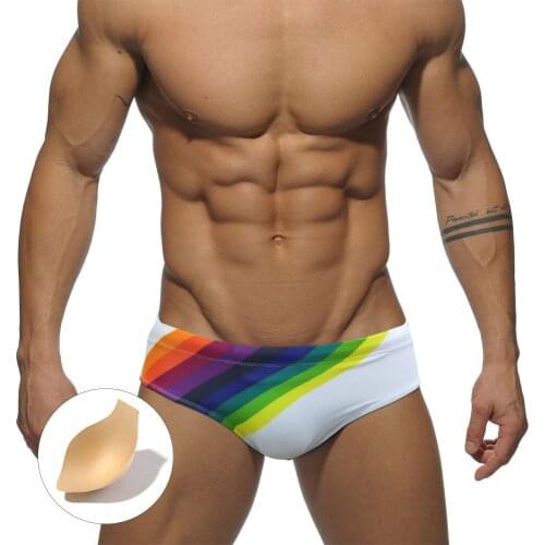 Mens Swimming Wear Sexy Fitting Bikini with Cup Padded Push Up Body Beauty Rainbow Printing Beach Holiday Swimming Briefs