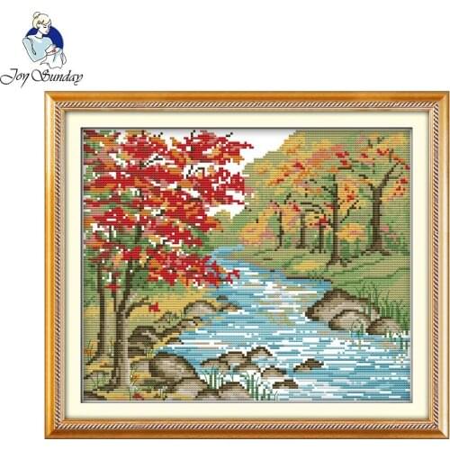 Joy Sunday Needlework DIY 14CT 11CT Printed Cross Stitch Sets for Embroidery Kits Autumn View Patterns Counted Cross-Stitching