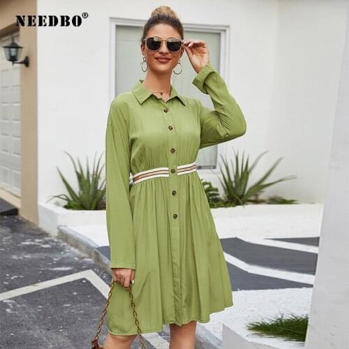 NEEDBO Summer Dresses Casual 2020 Women Dress Big Size Elegant Long Sleeve Turn-down Collar Mini Dress Sexy Beach Vestidos