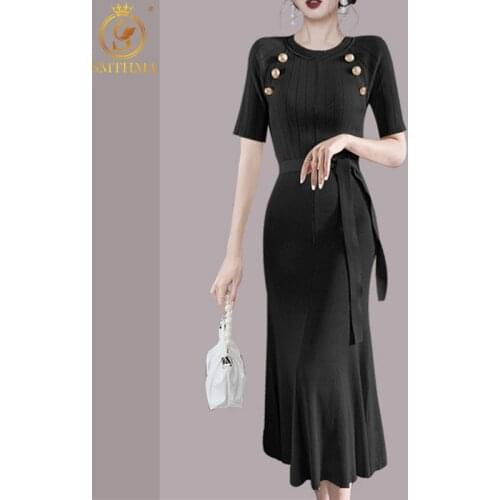 New Fashion Summer Knit Long Dress Women Casual Short Sleeve Sweater Dresses Office Lady Button Black Mermaid Dress With Belt
