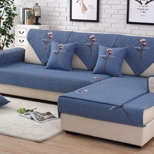 Solid Color Sofa Covers Couch Cover Embroidered Rose Washed Cotton Fabric Slipcover Armrest Towel Sofa Cushion For L Corner Sofa