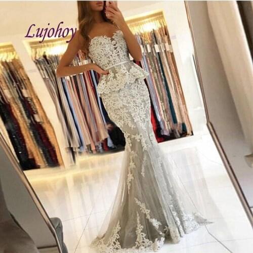 Sexy Grey Long Lace Mermaid Evening Dresses Party Plus Size Women Ladies Prom Formal Evening Gowns Dresses