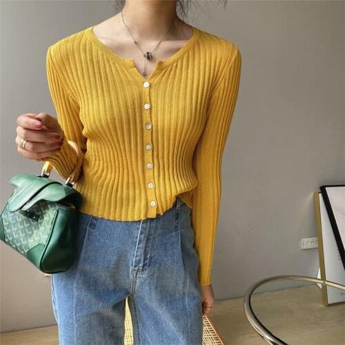Spring and autumn womens casual solid color V-neck long-sleeved short cardigan sweater