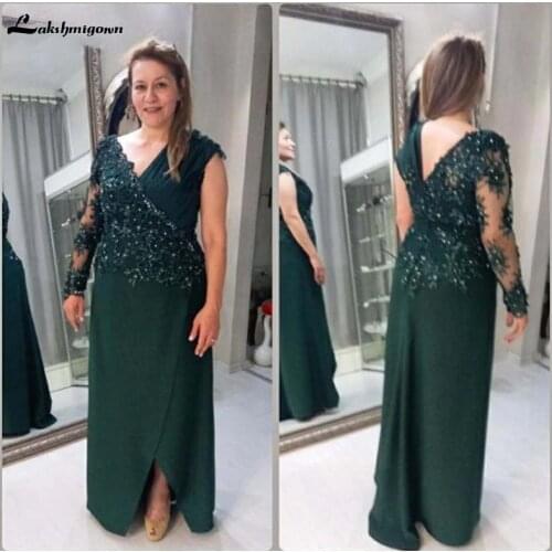V Neck Dark Green Chiffon Mother of the Bride Dresses Pleat One Shoulder Sleeve Special Occasion Dress Leg Slit Party Gown