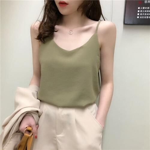 Spaghetti Strap Tops Silky Camisole Women Sexy V Neck Beige Satin Camis Sleeveless Tank Tops Loose Undershirt Innerwear