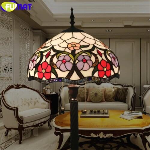 FUMAT Tiffany Floor Lamp Gemstone Morning Glory Creeper Stained Glass Lampshade Multe Color Light European Style Alloy Frame E27