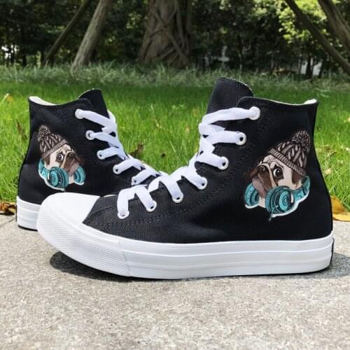 Wen Original Design Pug Dog with Knitted Hat Earphone High Top Laced Unisex Canvas Shoes Sneakers Black White Skate Shoes