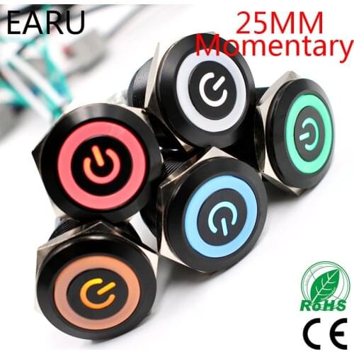 25mm Black Metal Stainless Steel Waterproof Momentary Doorebll Horn LED Push Button Switch Car Auto Engine Start PC Power Symbol