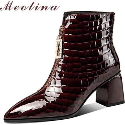 Meotina Patent Cow Leather Ankle Boots Women Shoes Thick High Heel Pointed Toe Boots Zipper Ladies Boots Winter Black Green 46