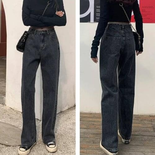 Women Jeans Solid Black Retro Vintage Zipper Spring Straight Trousers All-match Students Ulzzang Baggy Fashion High Waist Causal