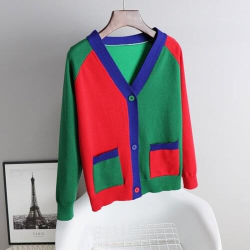 2021 Spring Autumn Women Patchwork V-neck Single-Breasted Pocket Cardigan Elegant Soft Knitted Sweater Loose Ladies Tops G1312