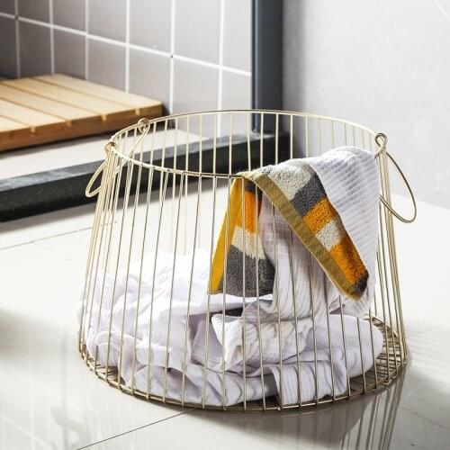 Golden Cast Iron Metal Storage Basket Home Hotel Bathroom Dirty Clothes Laundry Basket Toy Sundries Basket Organizer Gift WF