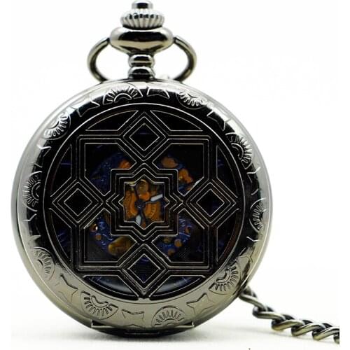 10pcs/lot Black Hollowed Skeleton Mechanical Watches Hand Wind Transparent Case Pocket Watch with Chain Wholesale