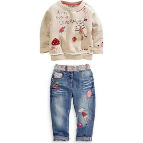Fashon Autumn 2PCS Flower Kids Baby Girls Clothing Long Sleeve Denim Suit Sweater Blouse + Jeans Pants Cartoon Outfit 2-7Years