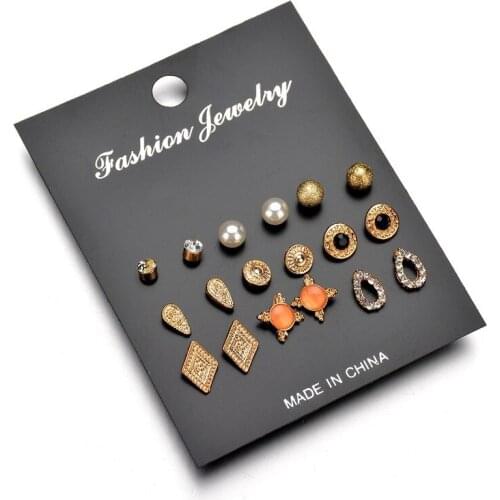 9pairs/set Trendy Geometric Crystal Pearl Exquisite Stud Earrings for Women Fashion Gold Color Ear Nail Statement Earrings